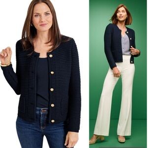 Talbots Kate Navy Blue Textured Knit Gold Crested Button Front Cardigan - M